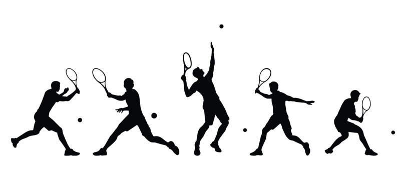Tennis players. Silhouettes of people playing tennis on a white background. Graphic images for designers and for decorating their work. Vector illustration.