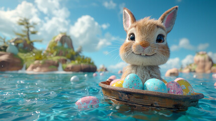 Cartoon 3D cute bunny with easter eggs