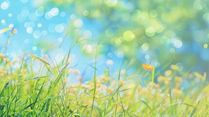 Fototapeta na wymiar Beautiful spring green grass on bokeh background