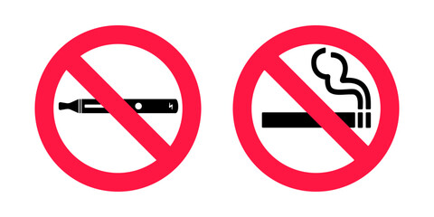 No smoking no vaping signs set. Forbidden sign icon isolated on white background vector illustration. Cigarette, vape and smoke and in prohibition circle.