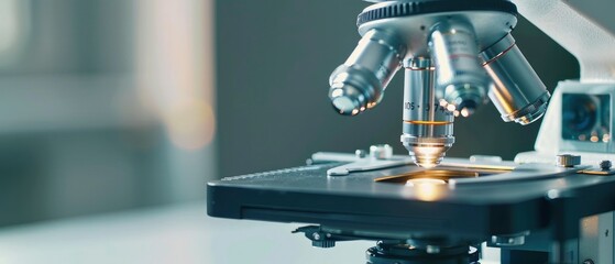 Close-Up of Microscope on Desk. Detailed View of Scientific Equipment Ready for Exploration and Discovery.