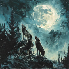 A pack of wolves howling at a distant earthrise