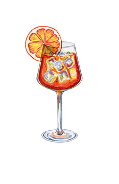Cocktail spritz in a glass goblet watercolor illustration. Hand drawn image of an orange drink with ice cubes and orange slices. For the menu and bar.