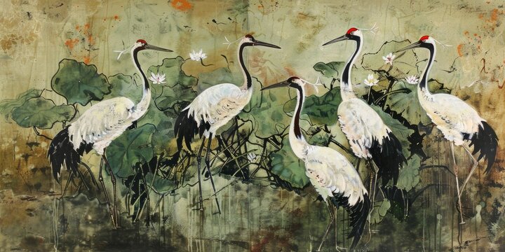 Harmony in Nature. White Cranes Gathered Around a Lush Green Flower, Captured in a Serene Painting of Natural Beauty.