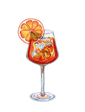 recommend clip art: Cocktail spritz in a glass goblet watercolor illustration. Hand drawn image of an orange drink with ice cubes and orange slices. For the menu and bar.