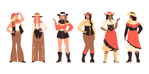 Set of beautiful cowgirls flat style, vector illustration