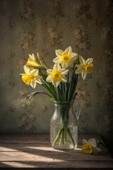 A serene representation of daffodils in a clear glass vase on a wooden table with a vintage wallpaper background
