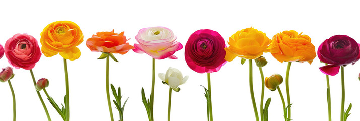 Vibrant ranunculus flowers in a seamless border on white background