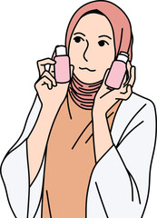 Hijab women holding skincare