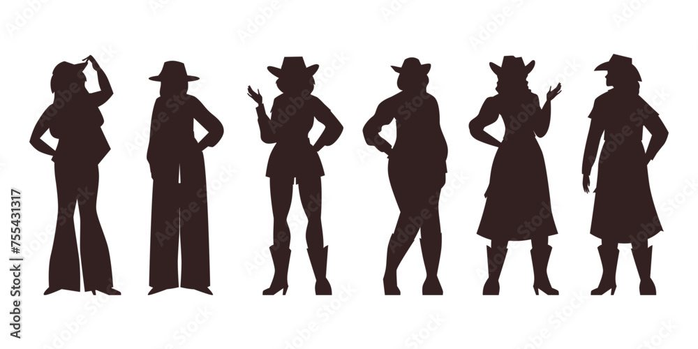 Wall mural silhouettes set of cowgirls or western horsewomen, flat vector isolated.