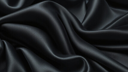 Elegant black silk satin fabric background. Highly detailed and wavy texture. AI-Generated