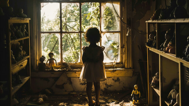 A spectral childs silhouette at the window of an abandoned house