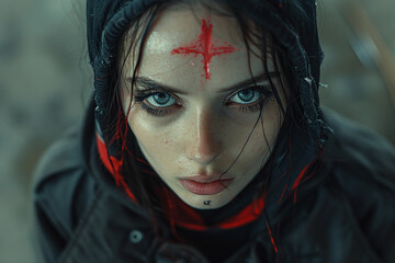 Intense woman with a red cross on her forehead, gazing into the camera with a mysterious expression, in a moody, cinematic setting.
