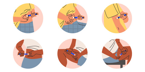 Diabetic patient using insulin pen syringe for making an self insulin injection to the stomach, leg arm areas vector set © Kudryavtsev