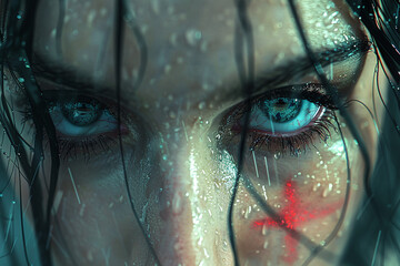 Close-up of intense blue eyes behind a wet glass surface with droplets, conveying a sense of...