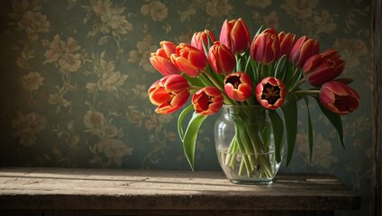 A warm, vintage scene of bright red and yellow tulips in a transparent glass vase against a floral wallpaper
