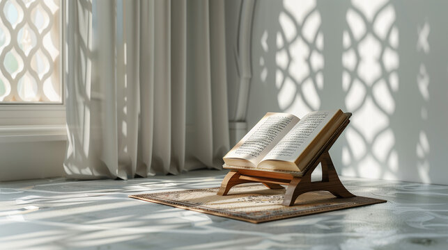 A wooden stand with an open holy Quran