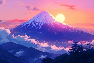 Anime style Mountain at Sunset