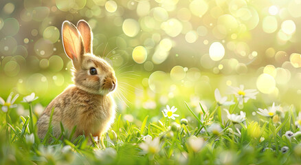 Fototapeta na wymiar Adorable bunny among spring wildflowers with room for text