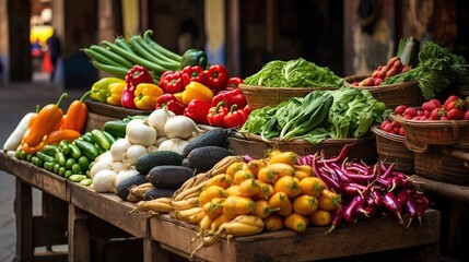 Fresh vegetables and fruits on the counter of farmers market in the city.