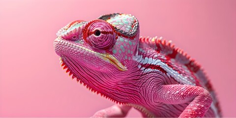 A pink Chameleon in a bright monochromatic pink environment . Concept Pink Chameleon, Monochromatic Setting, Colorful Reptile, Vibrant Environment, Animal Photography