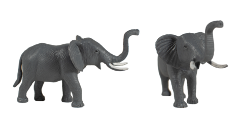 Plastic elephant toy, isolated on white background.