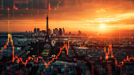 Paris business skyline with stock exchange trading chart double exposure, France with Eiffel tower trading stock market digital concept