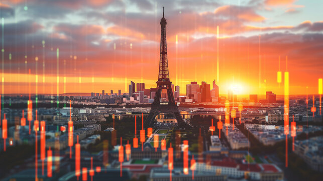 Paris business skyline with stock exchange trading chart double exposure, France with Eiffel tower trading stock market digital concept