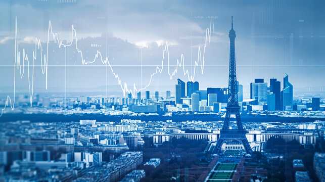 Paris business skyline with stock exchange trading chart double exposure, France with Eiffel tower trading stock market digital concept