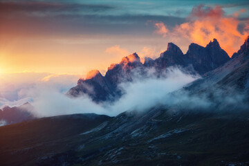 A splendid view of mighty rocks in the Italian Alps. National Park Tre Cime di Lavaredo, Italy, South Tyrol.