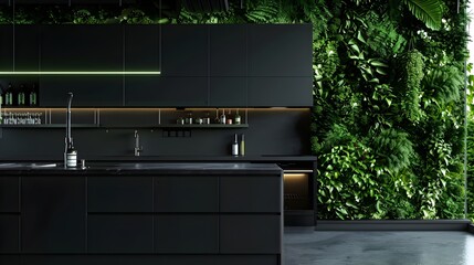 Elegant Black Kitchen with Soothing Vertical Garden Wall and Cutting-Edge Ambient Lighting
