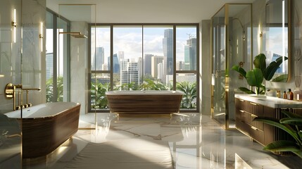 Elegant Marble Bathroom with City Skyline View and Luxurious Wooden Freestanding Tub