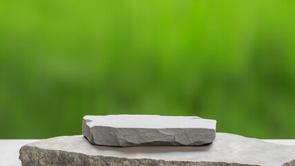 Podium with green forest blur background