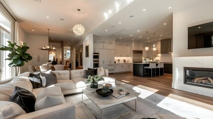 Elegant Open-Concept Living Room and Kitchen in Modern Home with Fireplace and Luxurious Design - obrazy, fototapety, plakaty