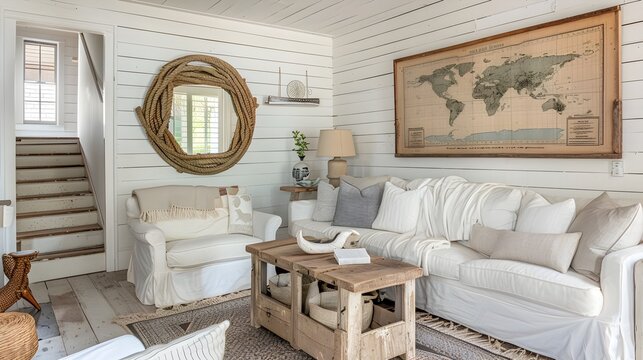 Coastal Farmhouse Living Room with Vintage Maps and Rustic Wooden Furniture