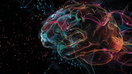 A colorful, computer-generated brain floats in dark space, dotted with stars. Its wrinkled surface is illuminated from within by glowing neurons. - obrazy, fototapety, plakaty