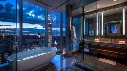 Fototapeta premium Luxurious Bathroom Retreat with Breathtaking City Skyline View at Night