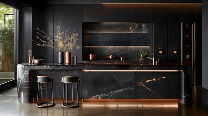 Luxurious Black Marble Kitchen with Copper Accents Basking in Natural Light