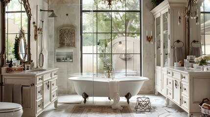 Luxurious French Country Bathroom with Elegant Clawfoot Tub in Vintage Setting - obrazy, fototapety, plakaty