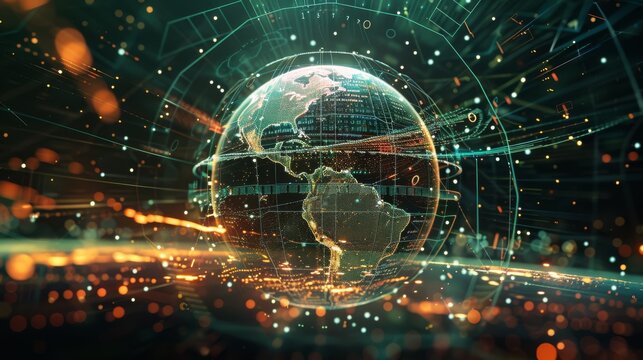 A digital globe with a blue marble texture and a green grid overlay. The continents are outlined in gold. A thin white grid with numbers marks latitude and longitude.