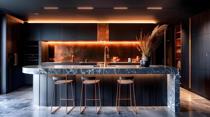Modern Kitchen Island with Marble, Copper Accents and Warm LED Lighting