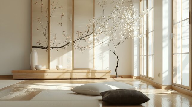 Minimalist Japanese-style Room Adorned with Cherry Blossom Painting Basks in Soft Sunlight