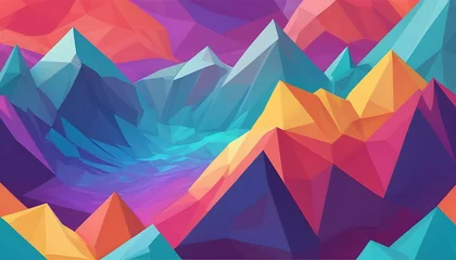 Fotobehang Bergen Low-poly colorful gloomy  holographic mountains landscape with trees 