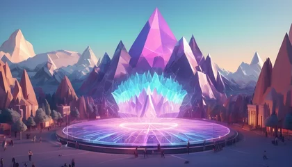 Deurstickers Low-poly colorful gloomy  holographic mountains landscape with trees, large sci-fi place platform in the middel, with people © Lied