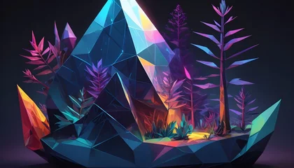 Zelfklevend Fotobehang Low-poly colorful gloomy  holographic mountains landscape with trees  © Lied