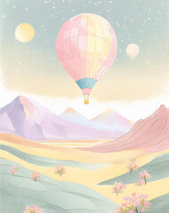painted landscape with hot air balloon in soft pastel colors