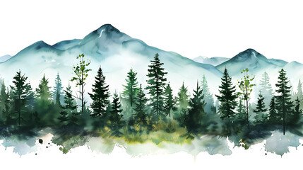 christmas tree in the forest with fog, watercolor style