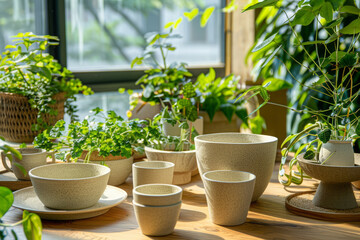 Arrange the eco-friendly tableware in an artistic way, with a focus on their design and eco-friendly features, against a backdrop of green plants.