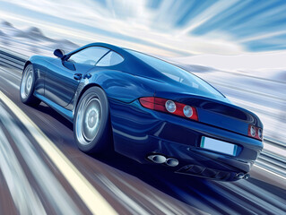 a blue sports car driving on a road