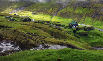 Faroe Islands, Beautiful view at islands, Saksun is a village near the northwest coast of the Faroese island of Streymoy, in Sunda Municipality. The old church in Saksun village. - 755435707